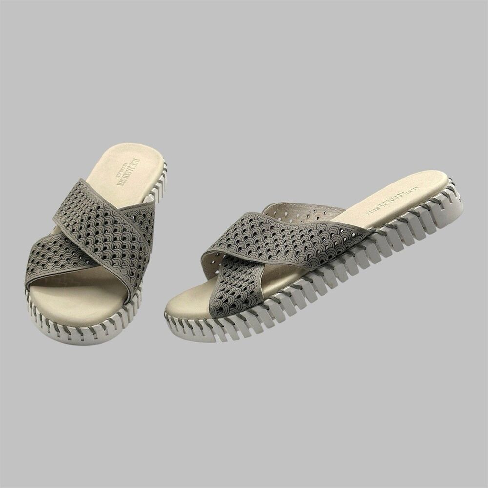 Ilse Jacobsen Tulip Slide Sandals Womens EU 38 Gray Laser Cut Slip On Shoes
